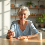 Seniorelle souriante tenant des capsules de vitamine E dans la cuisine
