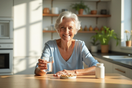 Seniorelle souriante tenant des capsules de vitamine E dans la cuisine