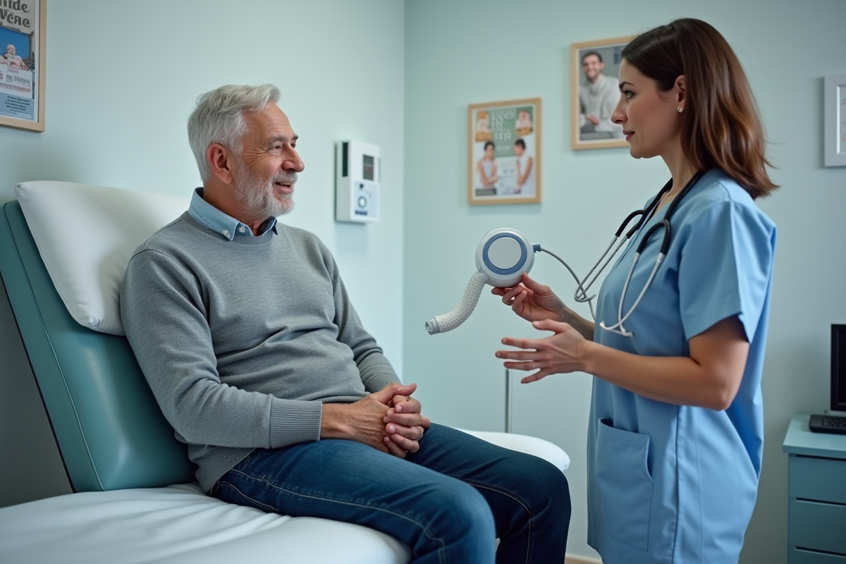 Infirmière montrant un nébuliseur à un patient âgé en clinique