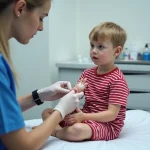 Infirmière pédiatrique soignant une blessure à la main d'un jeune garçon dans un cabinet médical