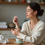 Femme appliquant une creme sur son bras dans une cuisine chaleureuse