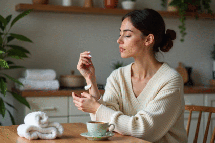 Femme appliquant une creme sur son bras dans une cuisine chaleureuse
