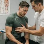 Sportif avec côte déplacée examiné par un kinésithérapeute en cabinet de physiothérapie