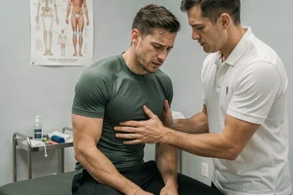 Sportif avec côte déplacée examiné par un kinésithérapeute en cabinet de physiothérapie