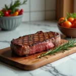 Steak de bœuf maigre grillé sur une planche en bois rustique avec légumes frais, idéal pour un régime minceur gourmand