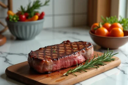 Steak de bœuf maigre grillé sur une planche en bois rustique avec légumes frais, idéal pour un régime minceur gourmand