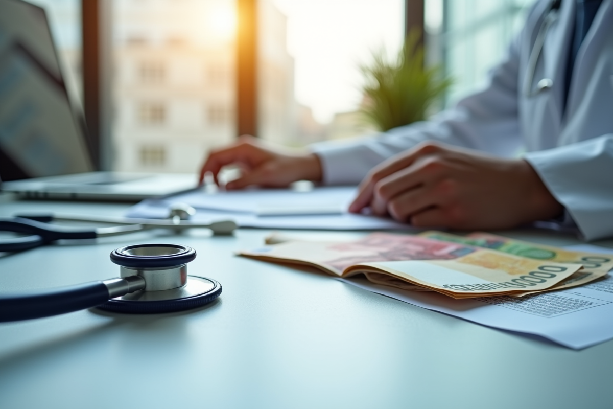 Stethoscope et billets d euros sur un bureau médical