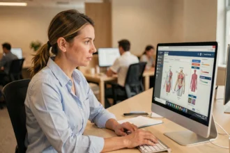 Professionnelle de santé utilisant un logiciel médical sur ordinateur pour accéder au support technique v2.medisys