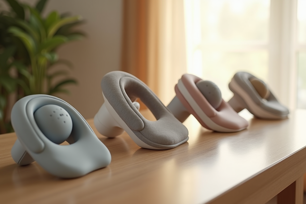 Table élégante avec différents masseurs cervicaux en lumière naturelle