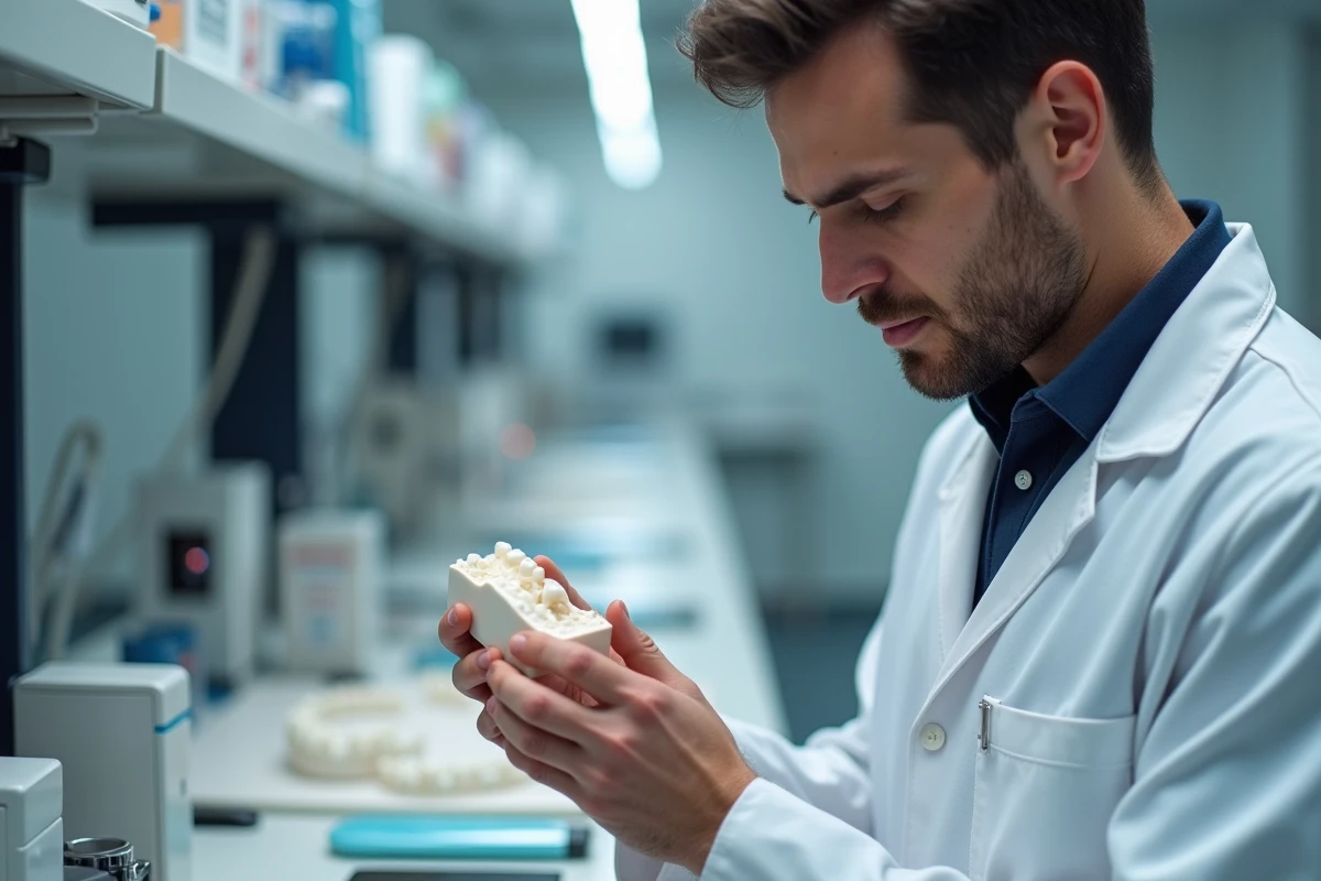 Technicien dentaire inspectant un modele 3d en laboratoire