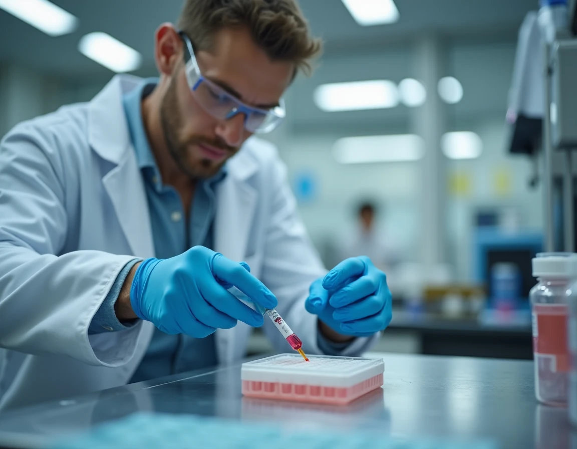 Technicien de laboratoire réalisant un test immunologique de détection d'auto-anticorps associés au virus Epstein-Barr