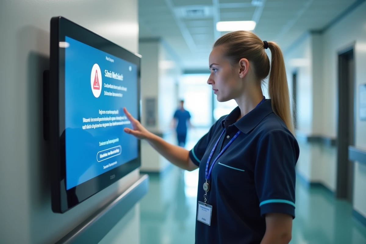Technicienne informatique hospitalière diagnostiquant une erreur réseau sur un terminal du portail Medisys dans un couloir clinique