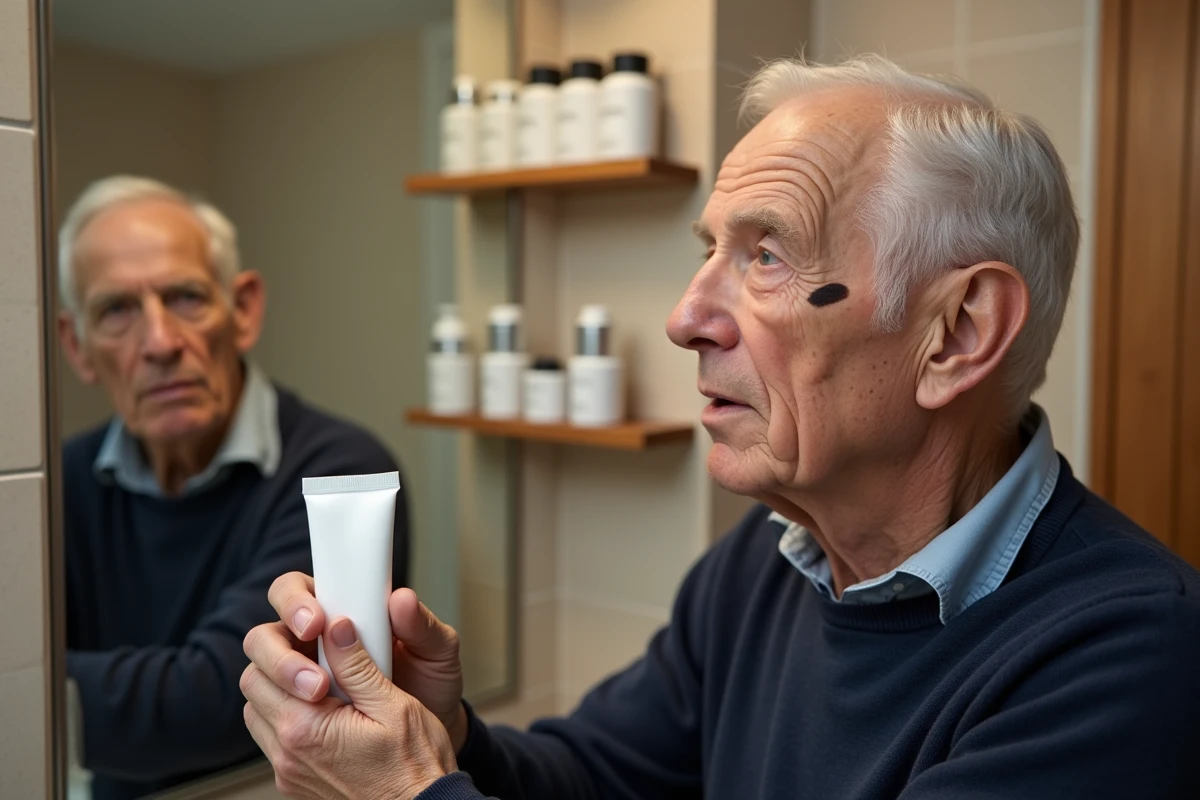 Senior appliquant une crème douce sur une verrue séborrhéique à la tempe devant le miroir de salle de bain