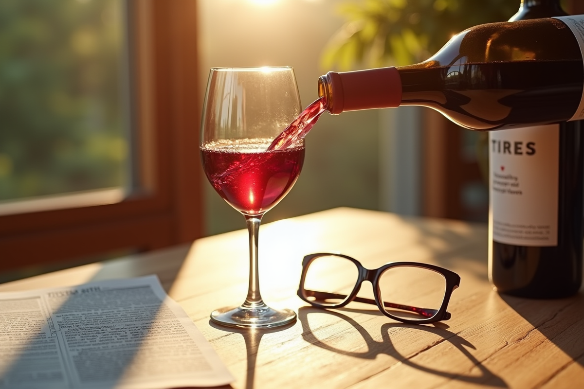 Verre de vin avec étiquette sulfites et lunettes sur table en bois
