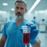 Professionnel de santé tenant une poche de sang dans un environnement hospitalier, illustrant le volume sanguin dans le corps humain