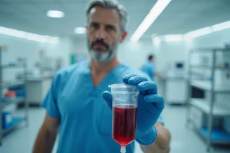 Professionnel de santé tenant une poche de sang dans un environnement hospitalier, illustrant le volume sanguin dans le corps humain