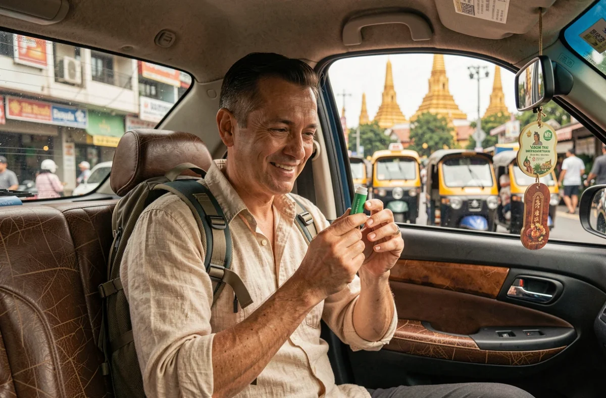 Voyageur occidental découvrant le Yadom thaïlandais dans un taxi à Bangkok pour lutter contre les nausées